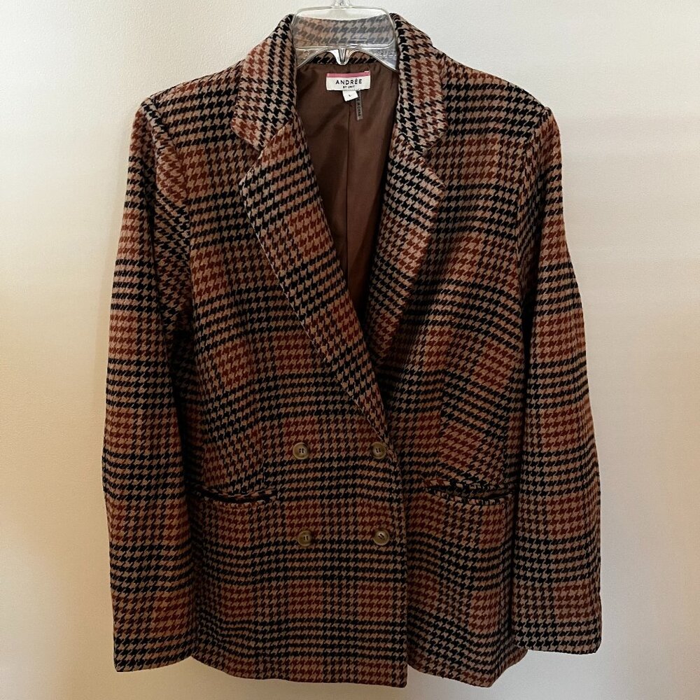 Andrea by Unit, Woman's Double Breasted Brown Houndstooth Jacket/Blazer, Size L